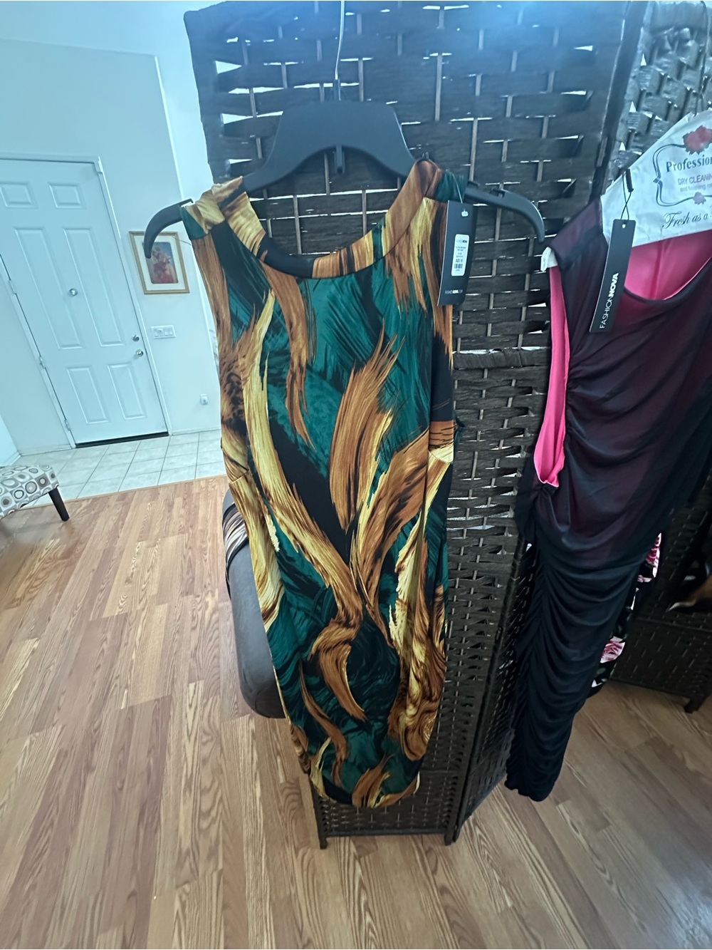 Fashion Nova Teal Green and Gold Asymmetrical Bodycon Dress